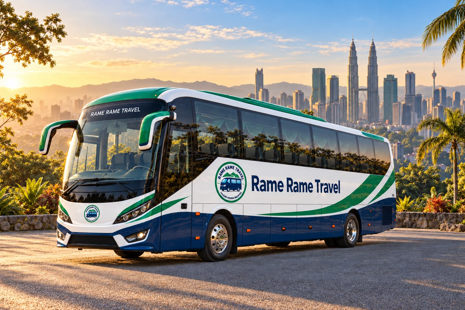 Ilustrasi bus Rame Rame Travel berwarna hijau emerald, navy dan putih dengan latar matahari terbit Kuala Lumpur
