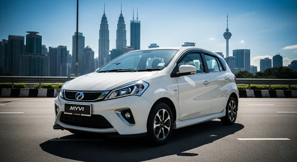 Ilustrasi mobil Perodua Myvi dengan latar Kuala Lumpur