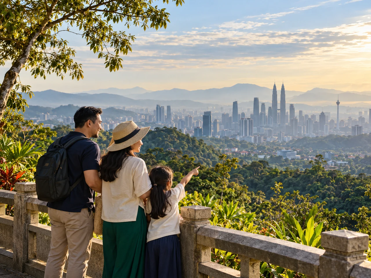 Ilustrasi keluarga menikmati panorama Kuala Lumpur dari titik pandang yang hijau